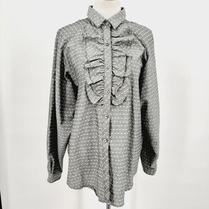 Vintage Miss Fashionality Permanent Press Ruffle Front Button Up Top Gray 13-14